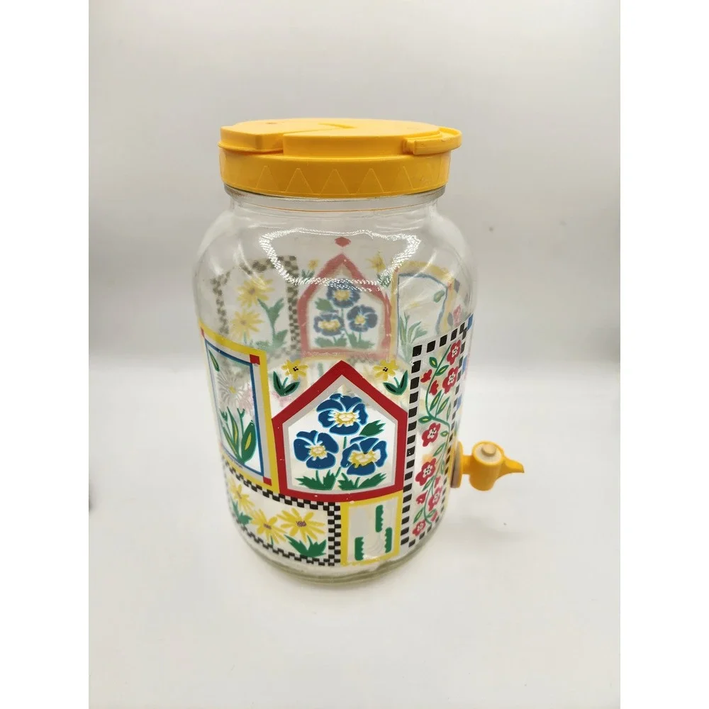 Vintage Floral Glass Sun Tea Jug Water Dispenser Spigot Yellow Lid